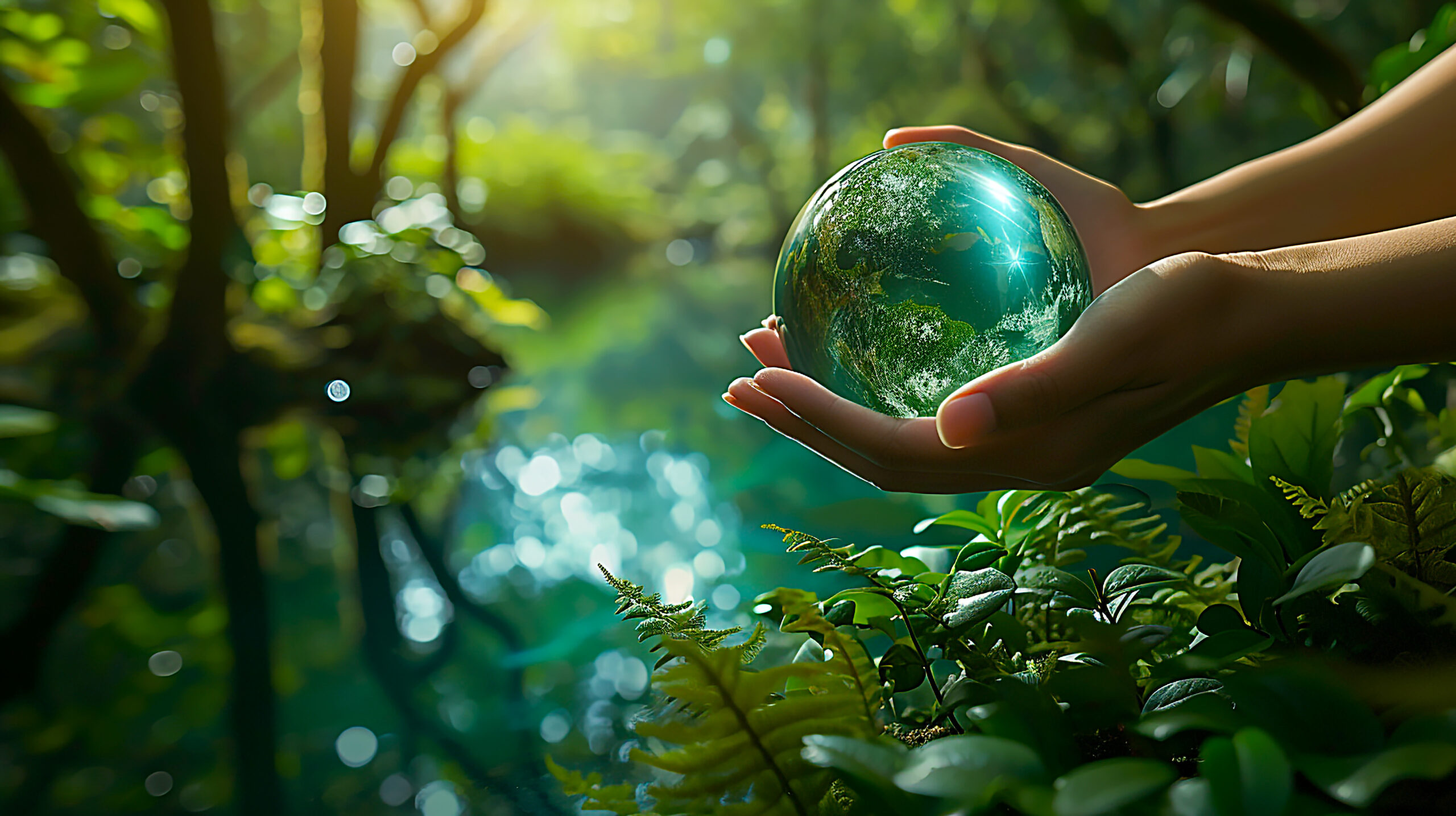 Image of an earth-like sphere overflowing with water and returning to the forest